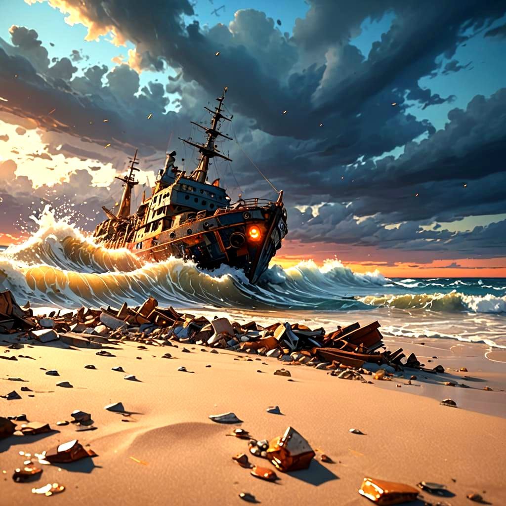 Anime Style Shipwreck on the Beach: 3D Render