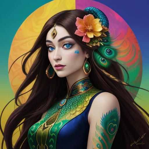 Dragon-Peacock Woman Portrait in Abstract Fauvism Style