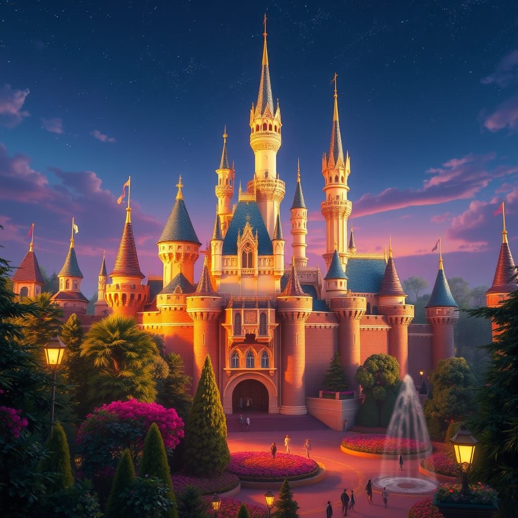 Dreamlike Disneyland at Golden Hour in Fantasy Style
