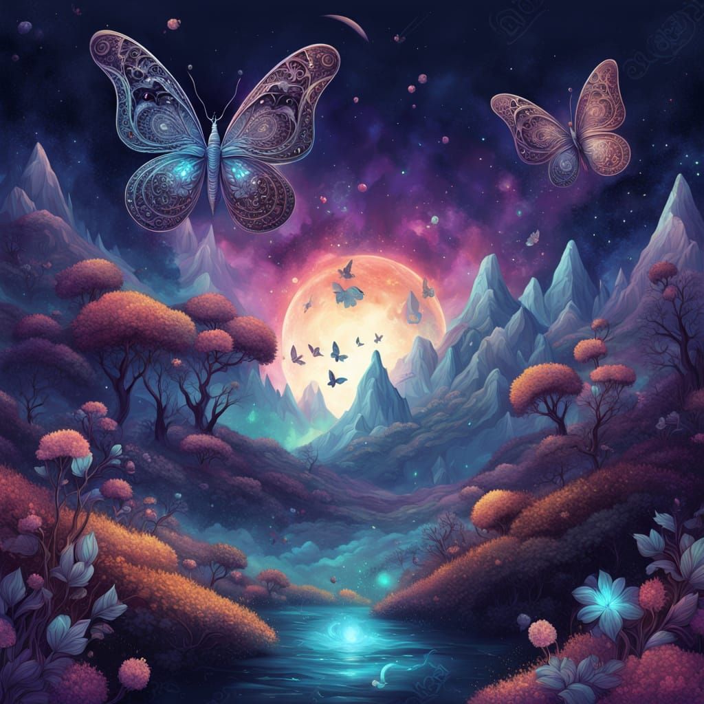 Dreamlike Realm of Glowing Butterflies and Celestial Wonders