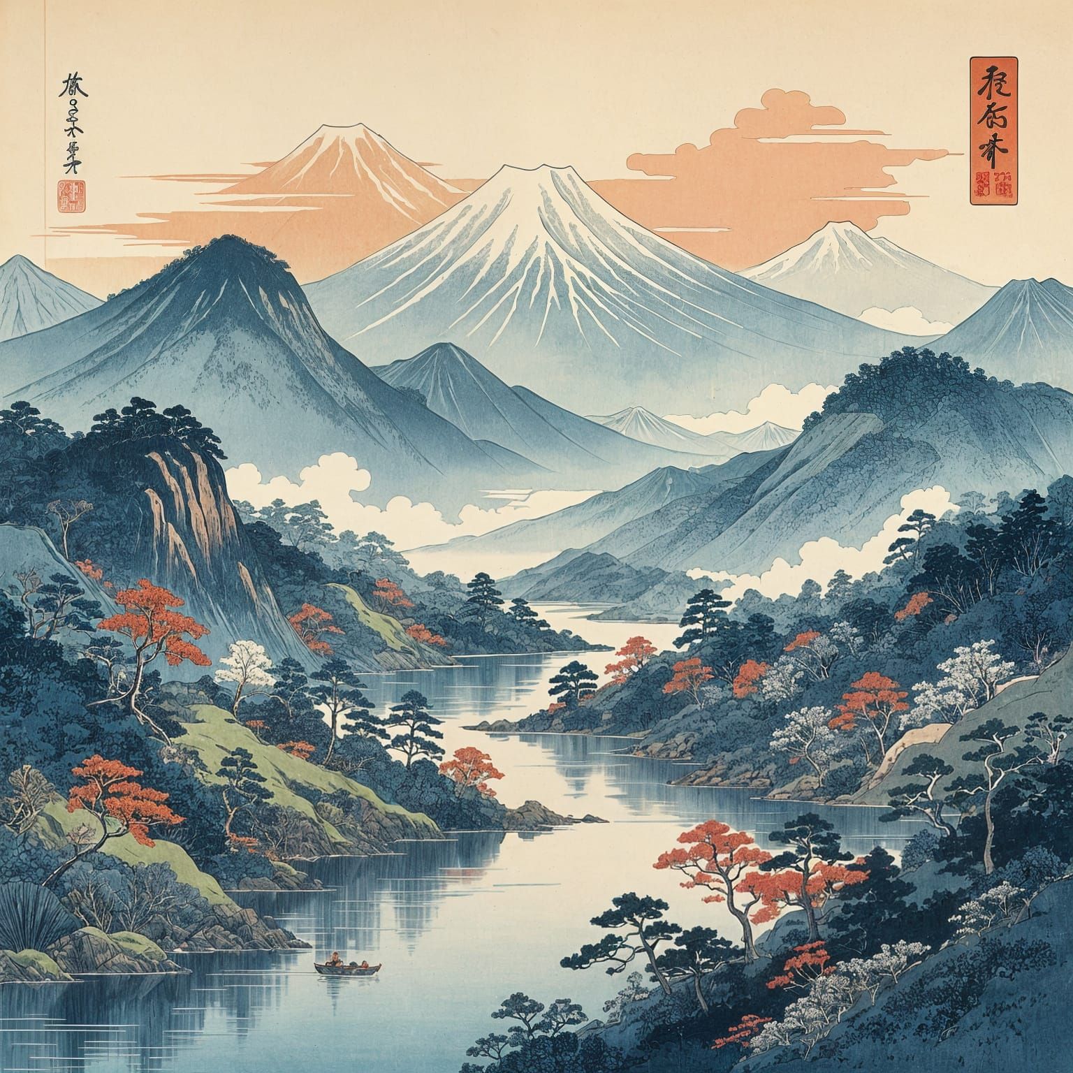 Japanese Landscape in Hokusai Style