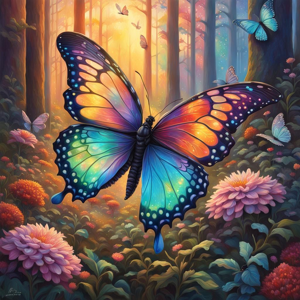 Iridescent Butterfly in Sunrise Forest