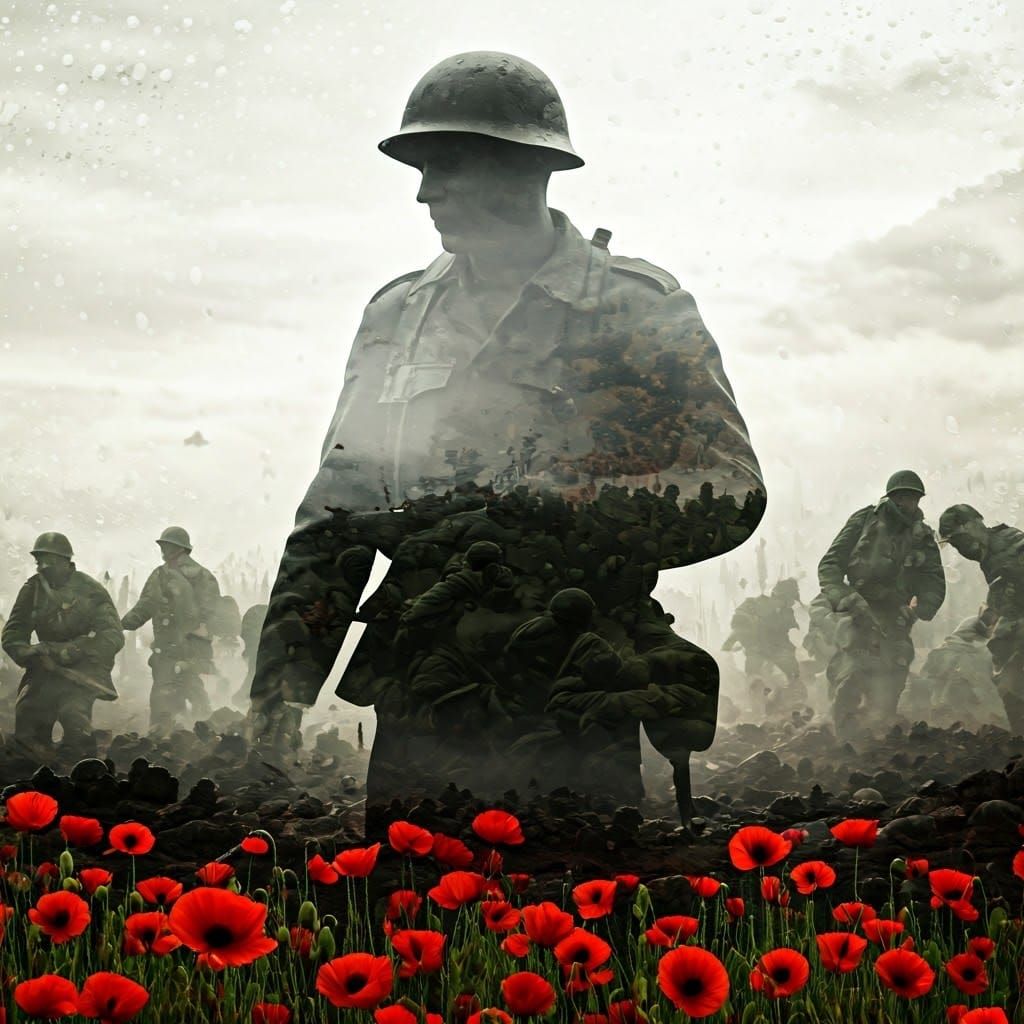 WW2 Soldier Silhouette Amidst Poppies in Chiaroscuro