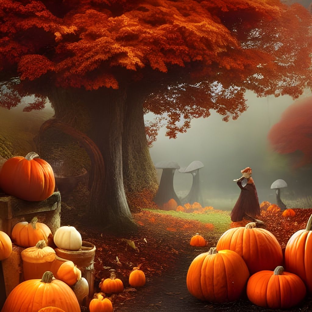 Autumn Mushrooms and Pumpkins Digital Matte Painting