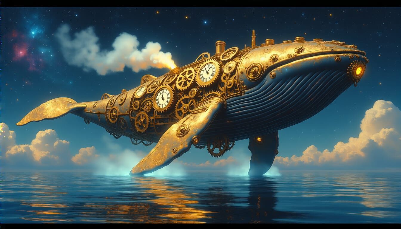 Mechanical Whale Drifting Through Starry Ocean