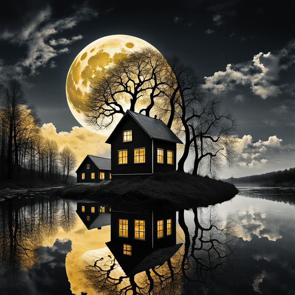 Surreal Golden Moon Over Lakeside House