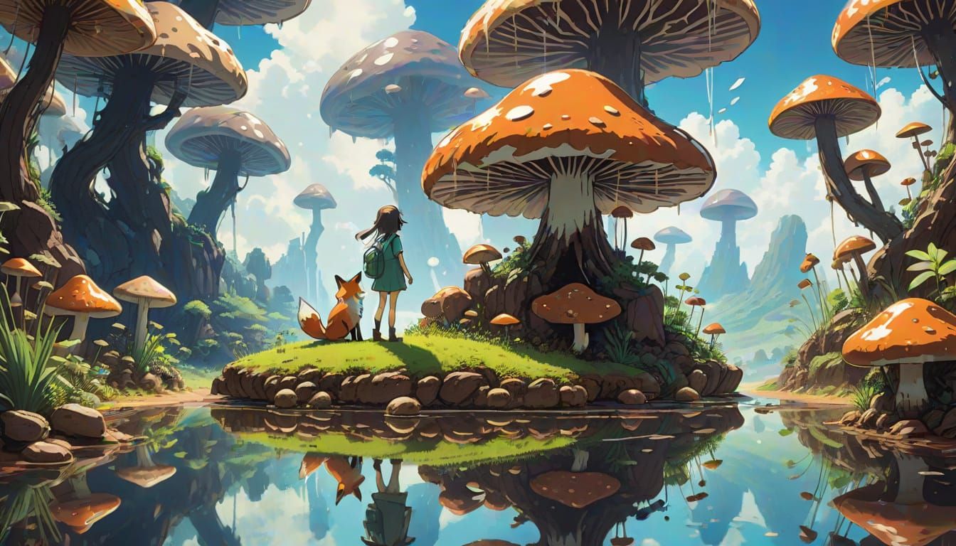 Fairy and Fox in Chocolate Mushroom Desert, Anime Style
