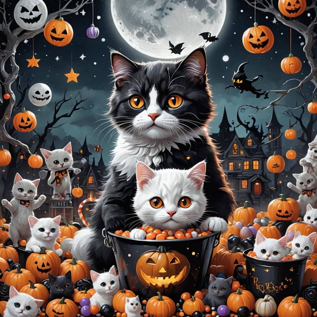 Halloween Kittens Portrait in Whimsical Style