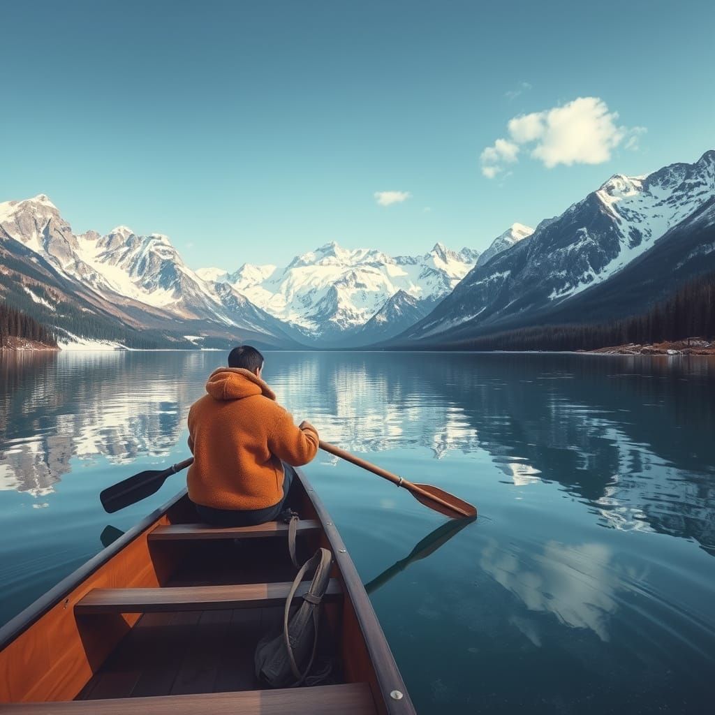 Serene Mountain Lake Landscape with Canoeist