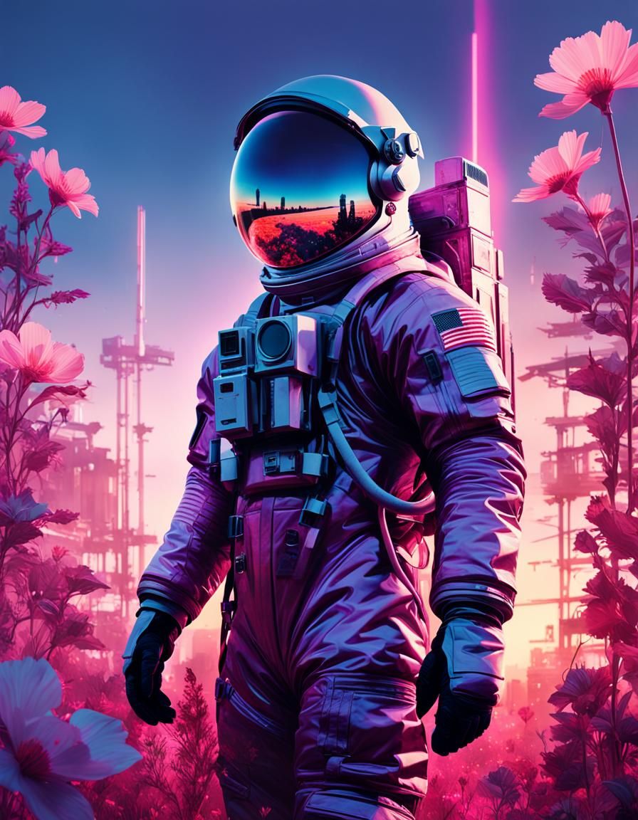 Astronaut and Neon Sign in Double Exposure