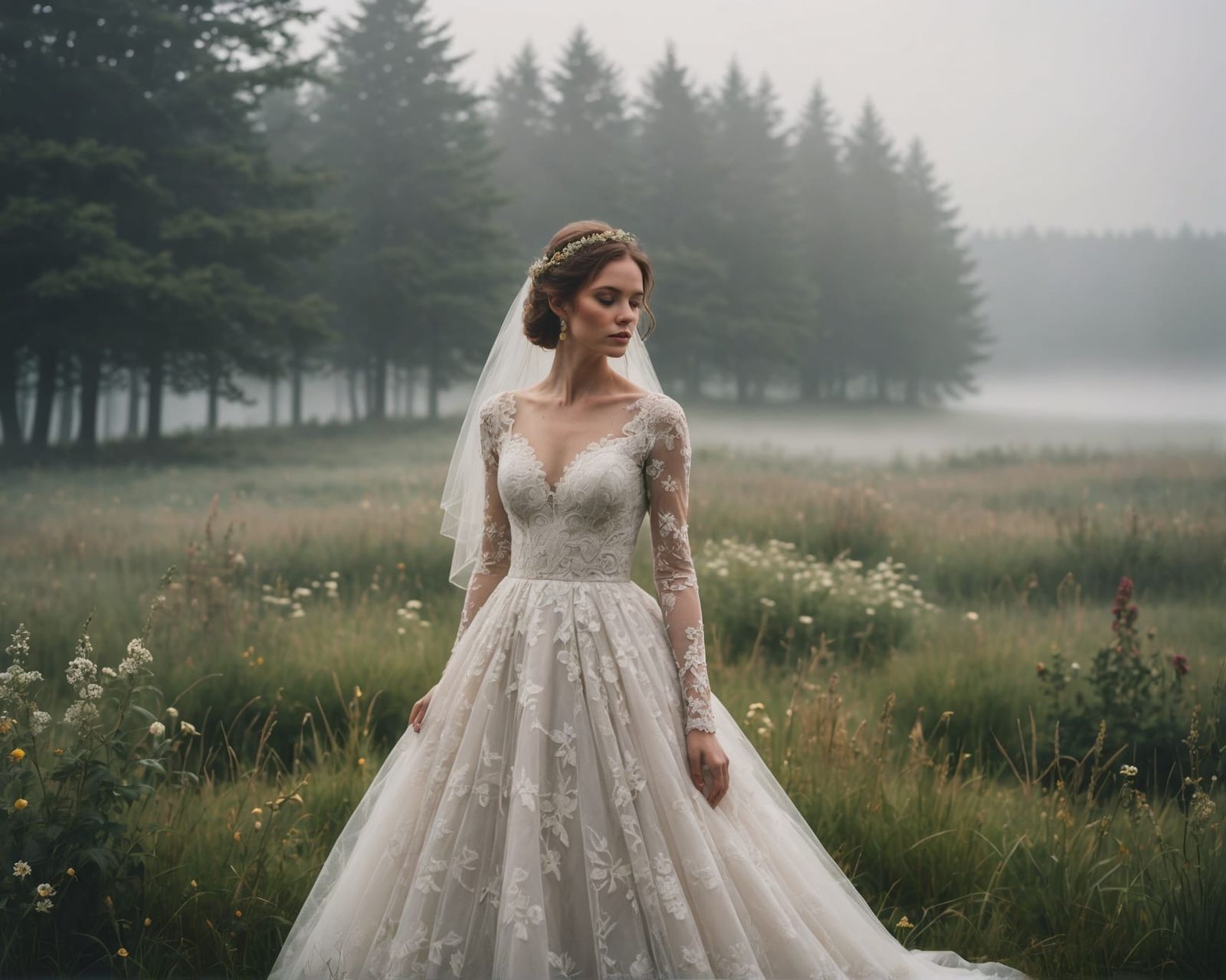 Ethereal Bride in Misty Meadow: Aesthetic Photoshoot