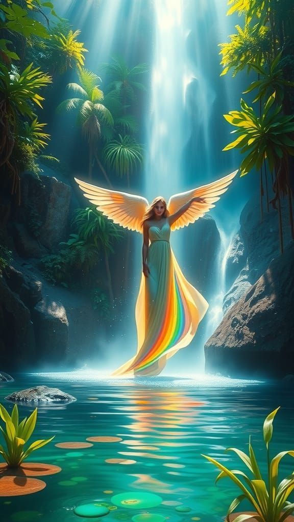 Waterfall Angel Emerges in Polychromatic Light