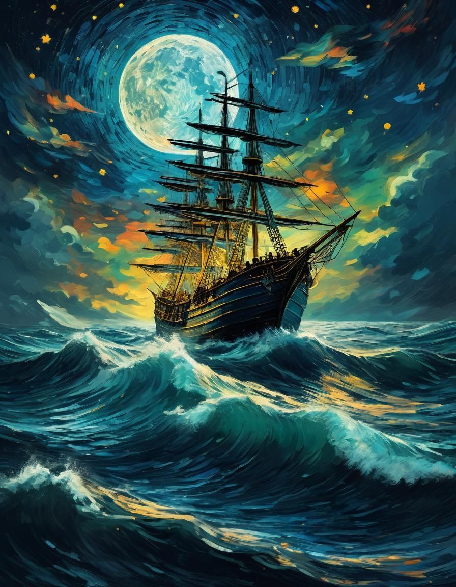 Starry Night Ship: Expressive Impasto Seascape