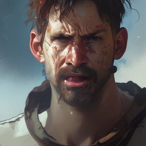Terrified Man in War: Hyperrealistic Portrait