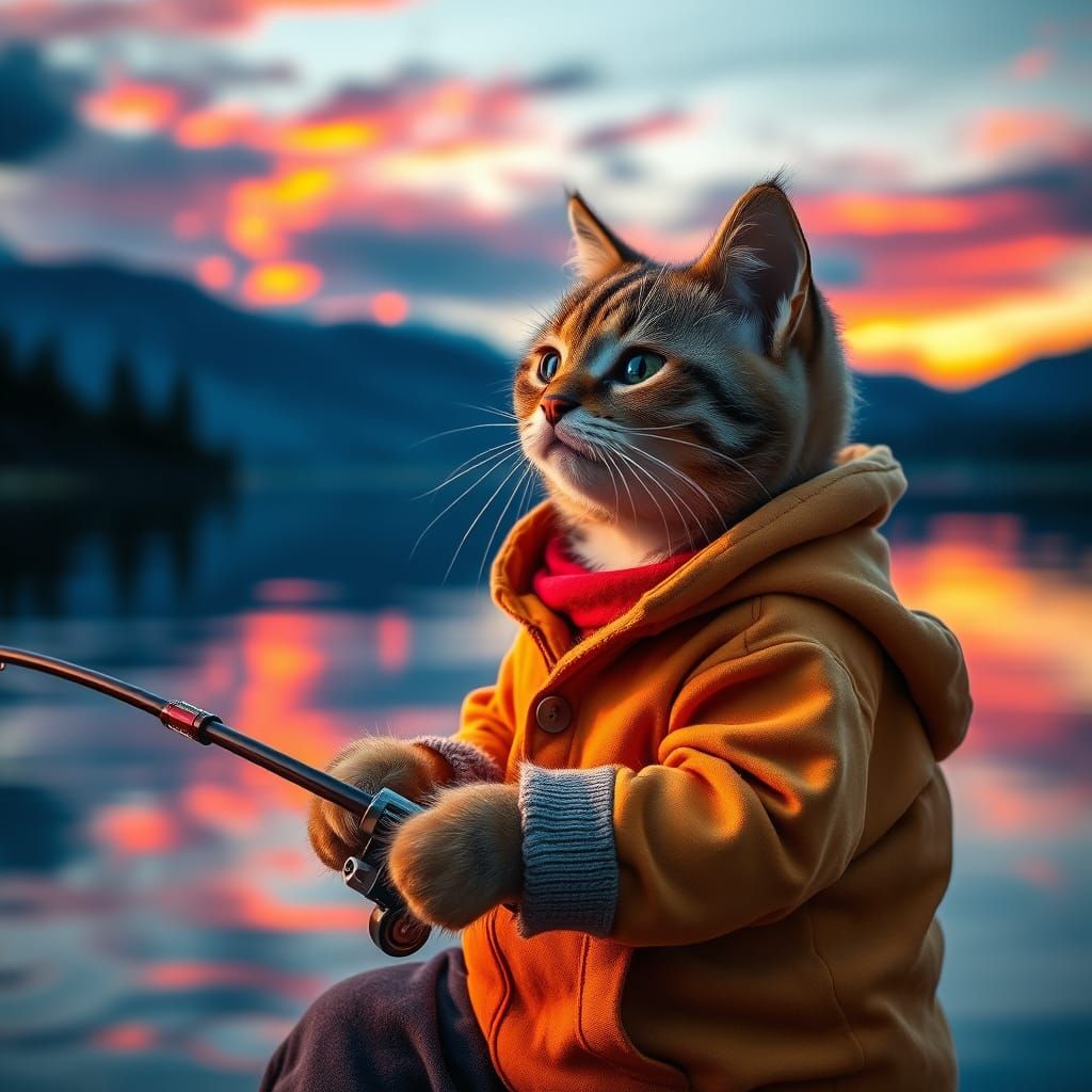 Cat Fishing on Serene Lake at Sunset