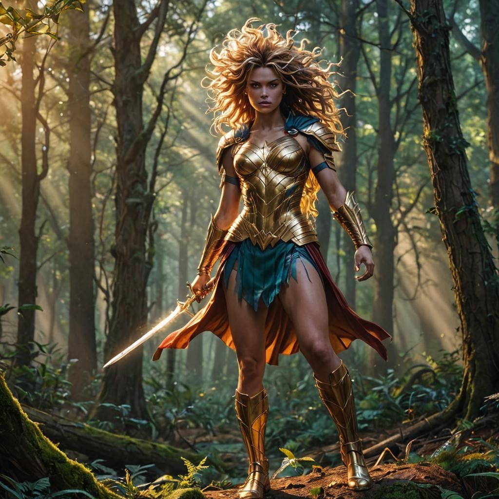 Heroic Woman in Mystical Forest, Comic Book Art
