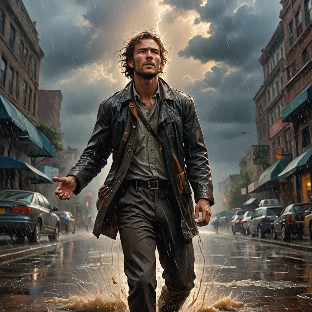 Hyperrealistic Rain Scene with Dramatic Lighting