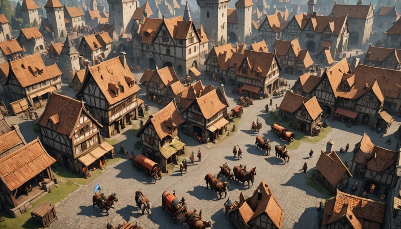 Bustling Medieval Village in Game Style