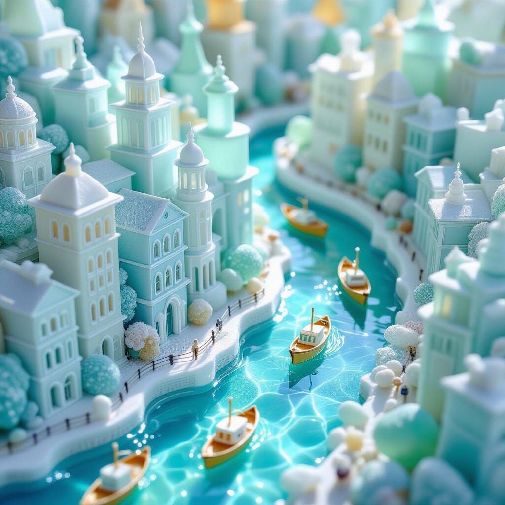 Sea Glass Cityscape with Amber Boats