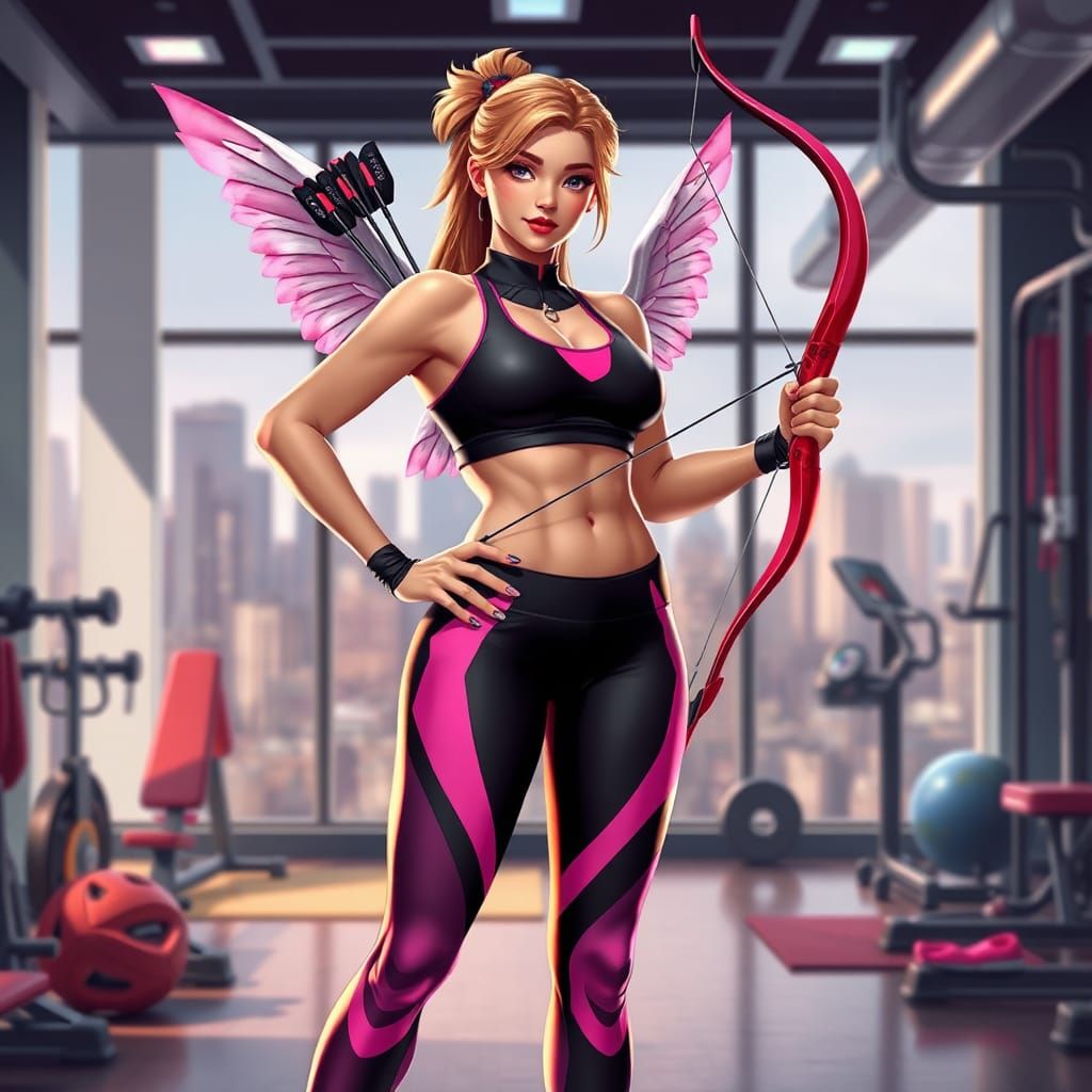 Athletic Cupid in Fitness Studio, Realistic Style