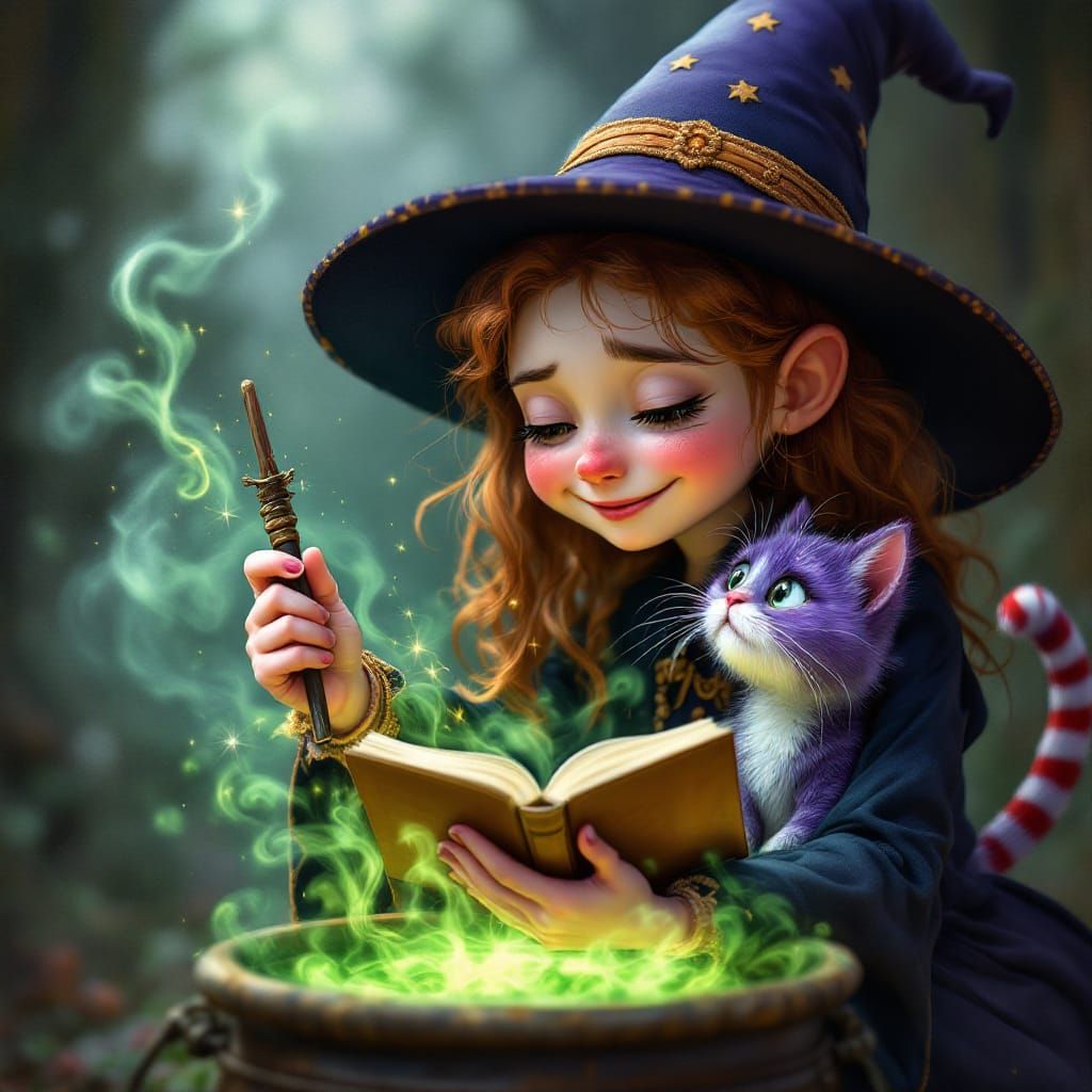 Cute Witch Casts Spell With Surprised Polka Dot Cat