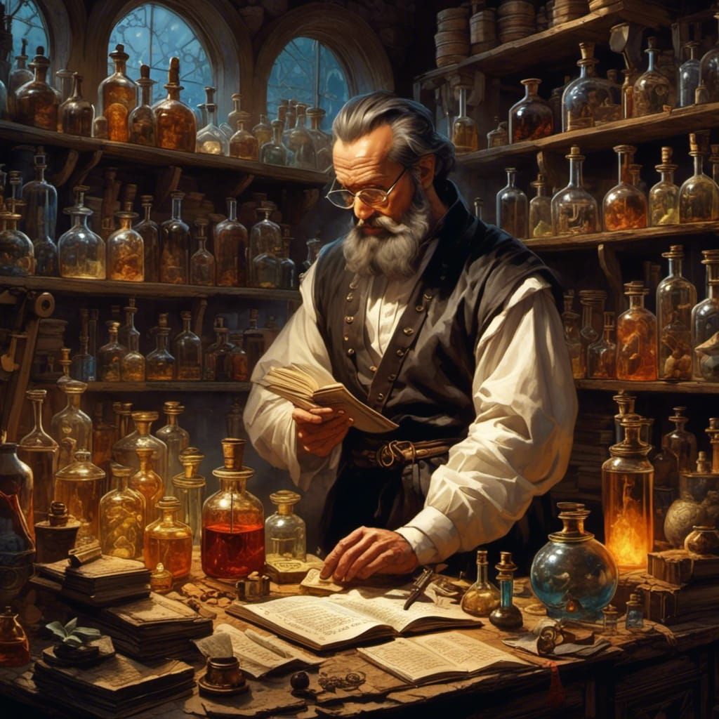 Alchemist's Lab with Arcane Symbols and Vials