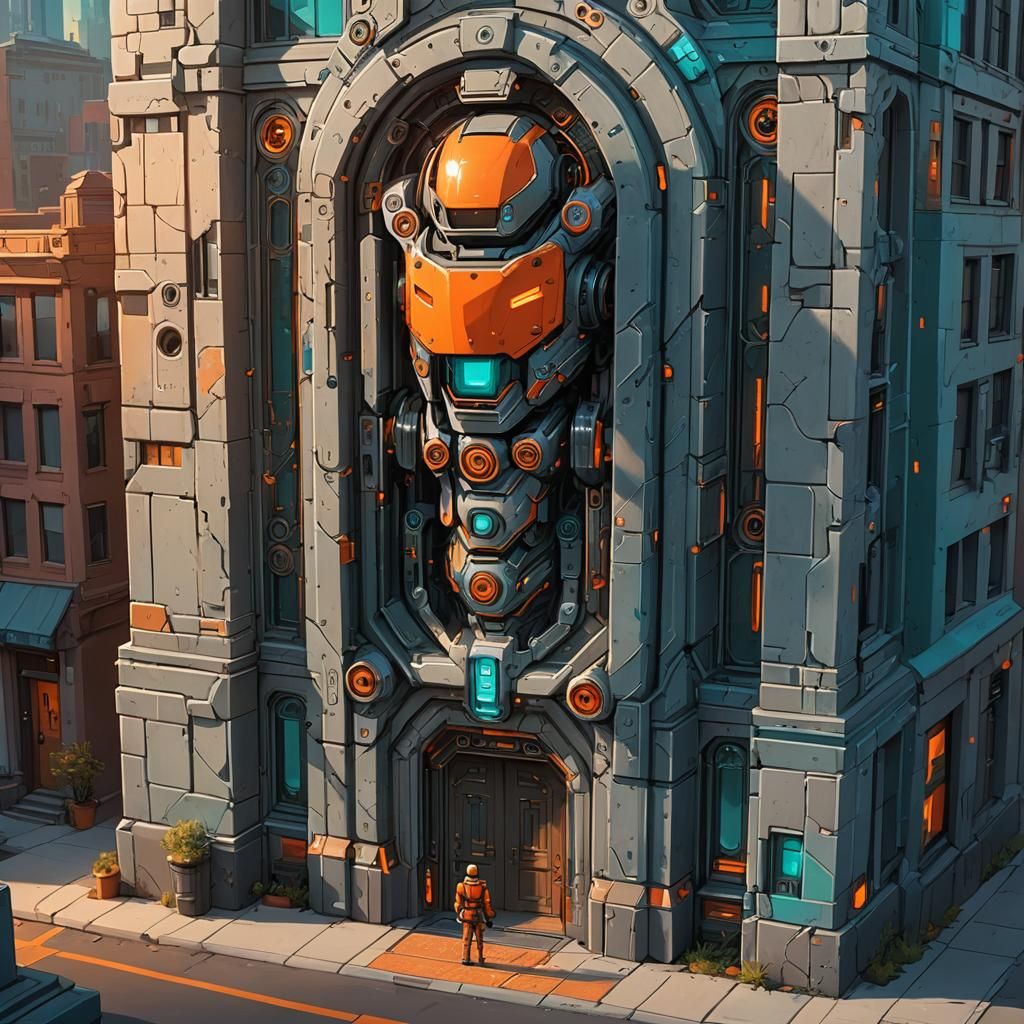 Fantasy Architecture: Orange Figure and Robot