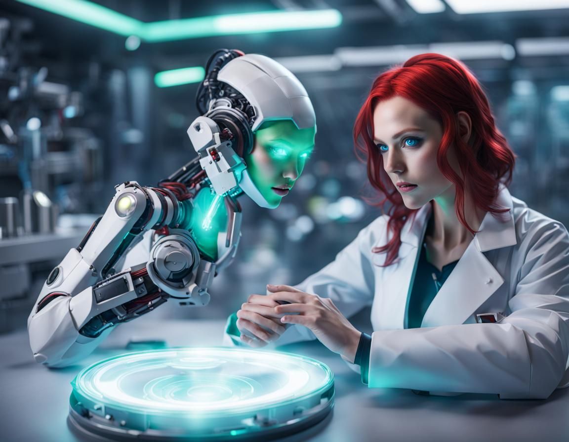 Android and Scientist with Glowing Eyes