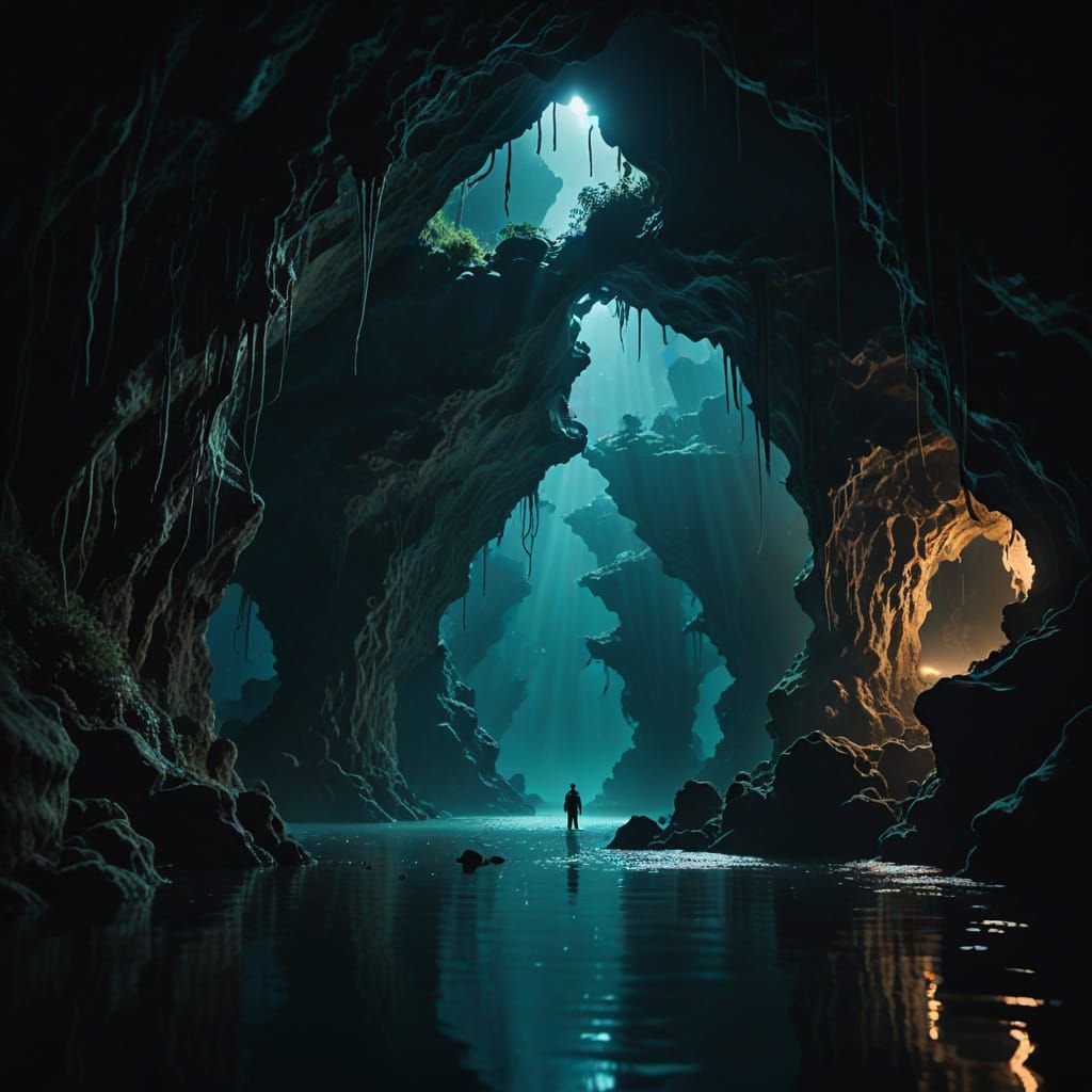 Underwater Cave in Golden Hues