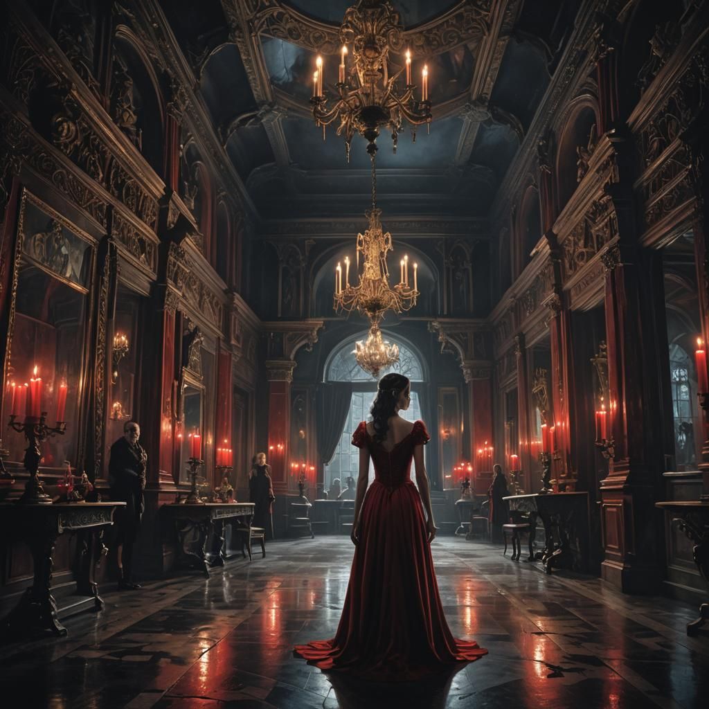 Eerie Dining Hall Encounter in Dark Fantasy Style