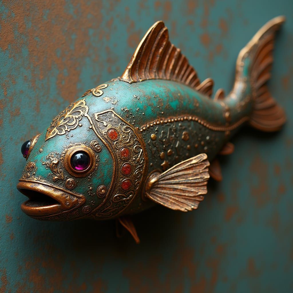 Gothic Biomechanical Fish Armor in Rusty Gold Ruby Emerald