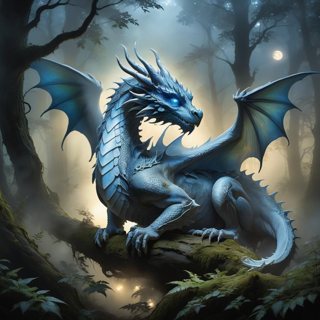 Mystical Dragon in Moonlit Forest, Fantasy Realism