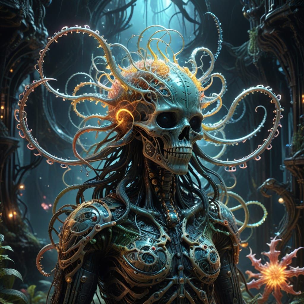 Surreal Clockwork Bioluminescence in Otherworldly Landscape