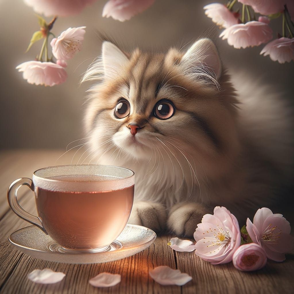 Cat Curiously Observes Sakura-Cha Tea