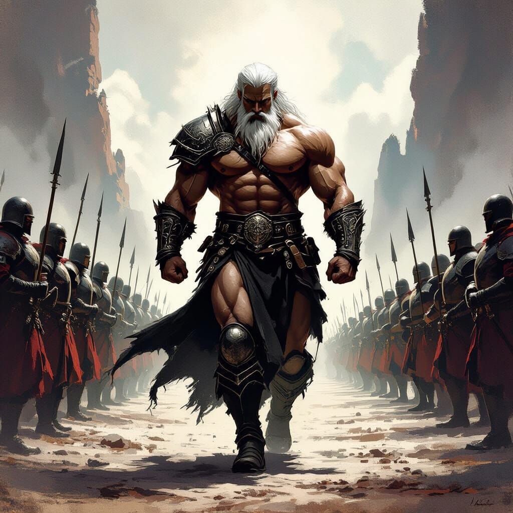 Muscular White-Haired Warrior Leads Armored Soldiers
