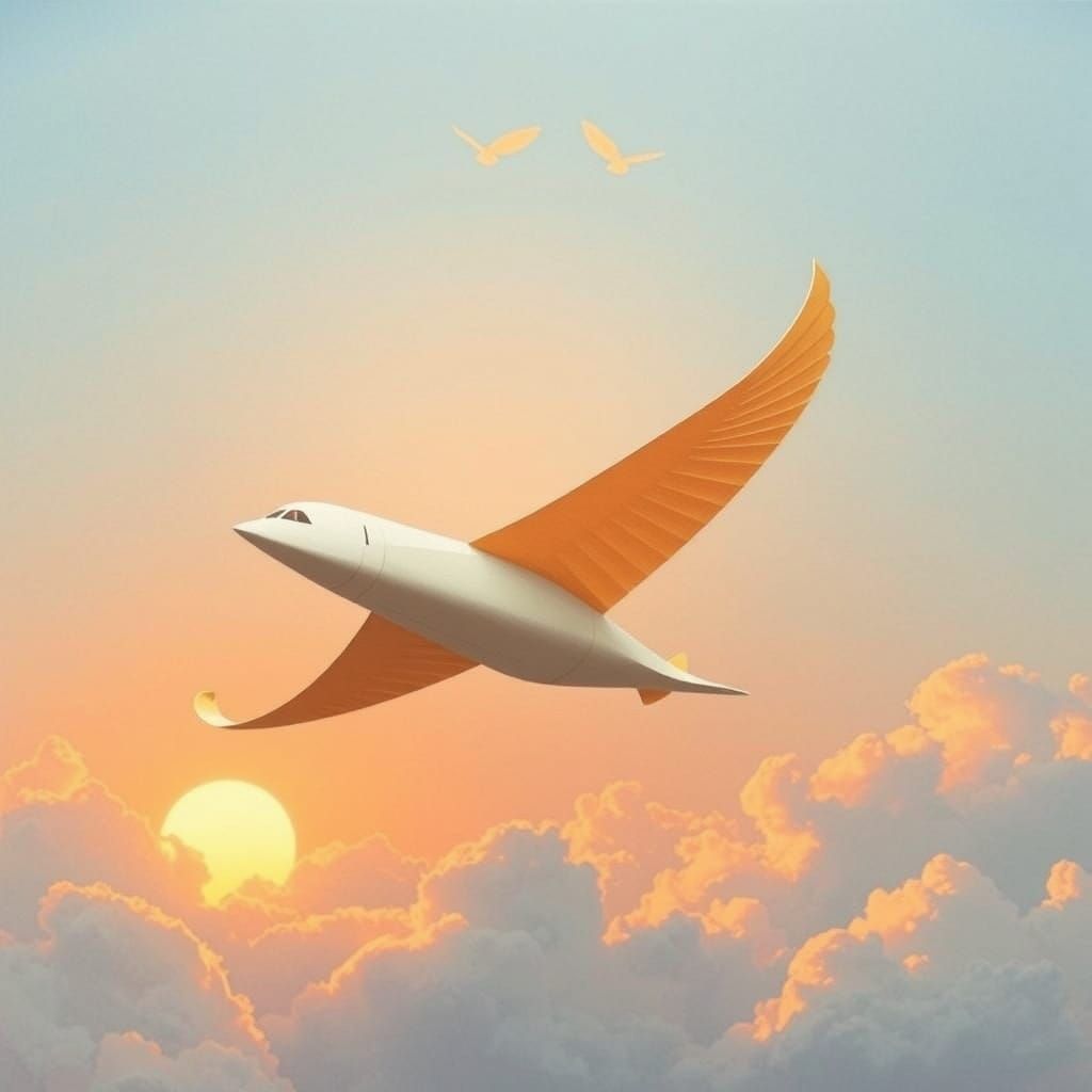 Paper Airplane Soars Through Golden Skies in Dreamy Sunset