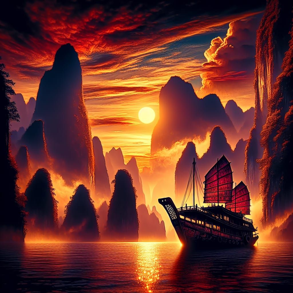 Chinese Vessel at Sunset in Mountain Harbor