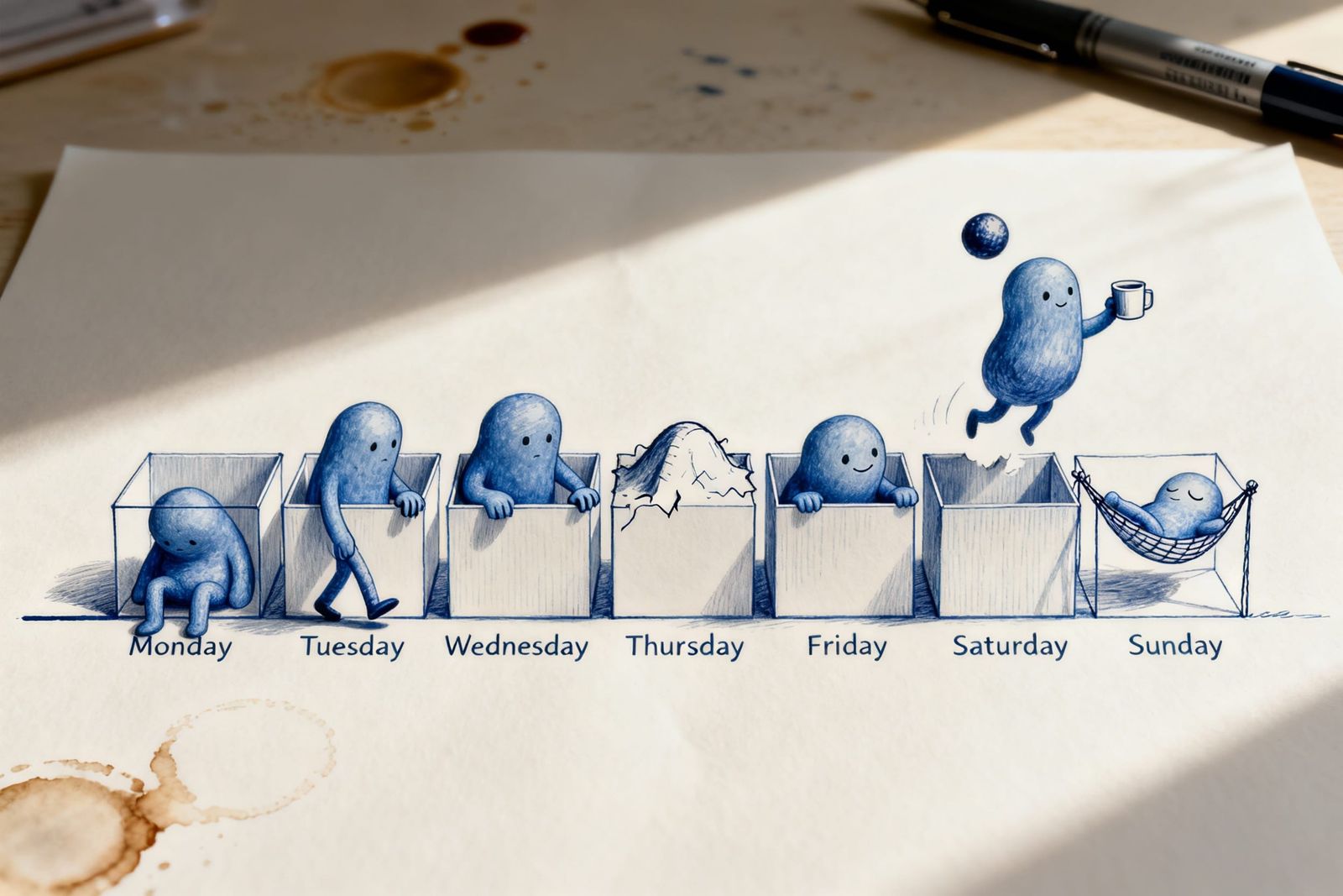 Ballpoint Pen Blob Characters Day of the Week Boxes