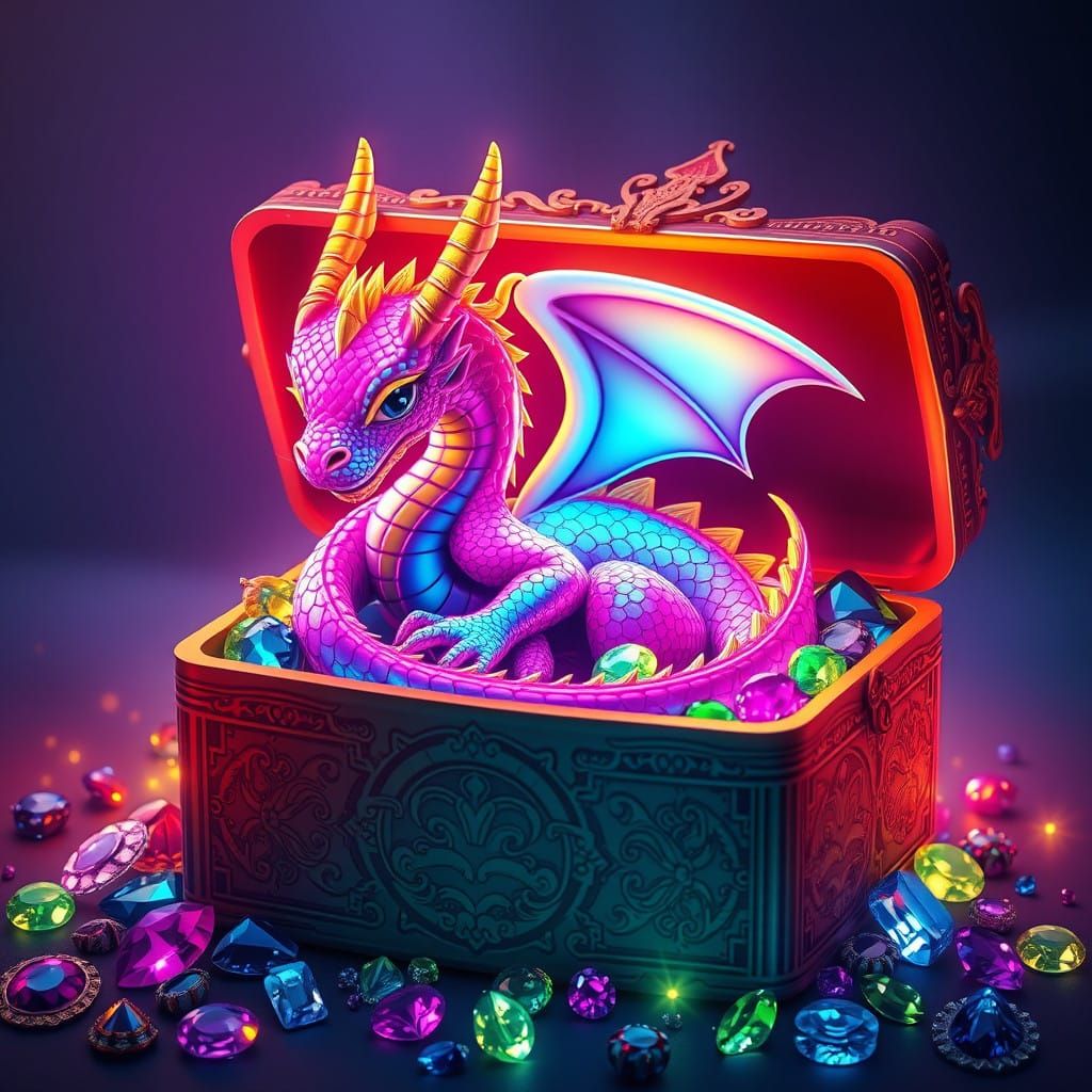 Vibrant Neon Baby Dragon in Jewellery Box of Wonder