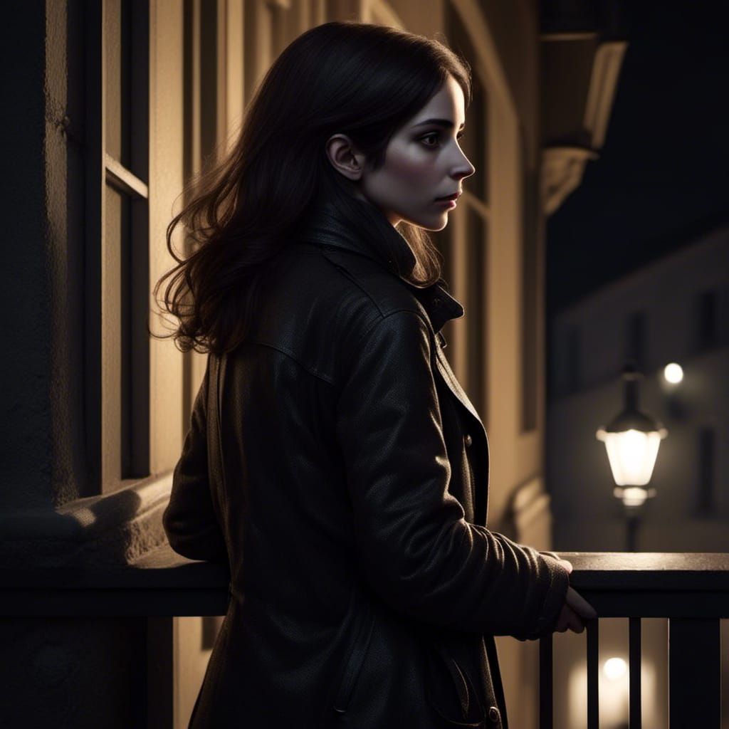 Woman on Balcony at Night: Hyperrealistic Portrait