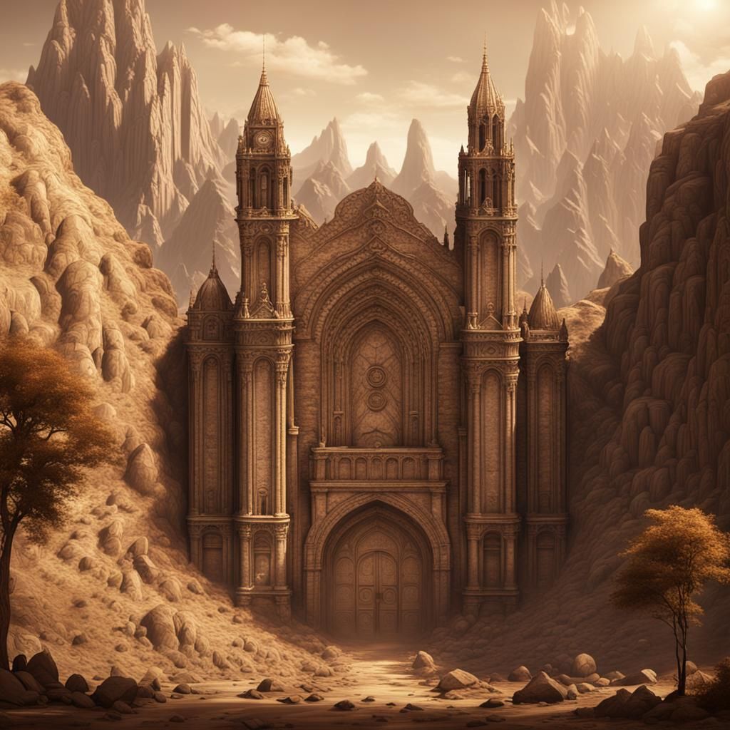 Sepia Mountain Valley Wall: Detailed Matte Painting