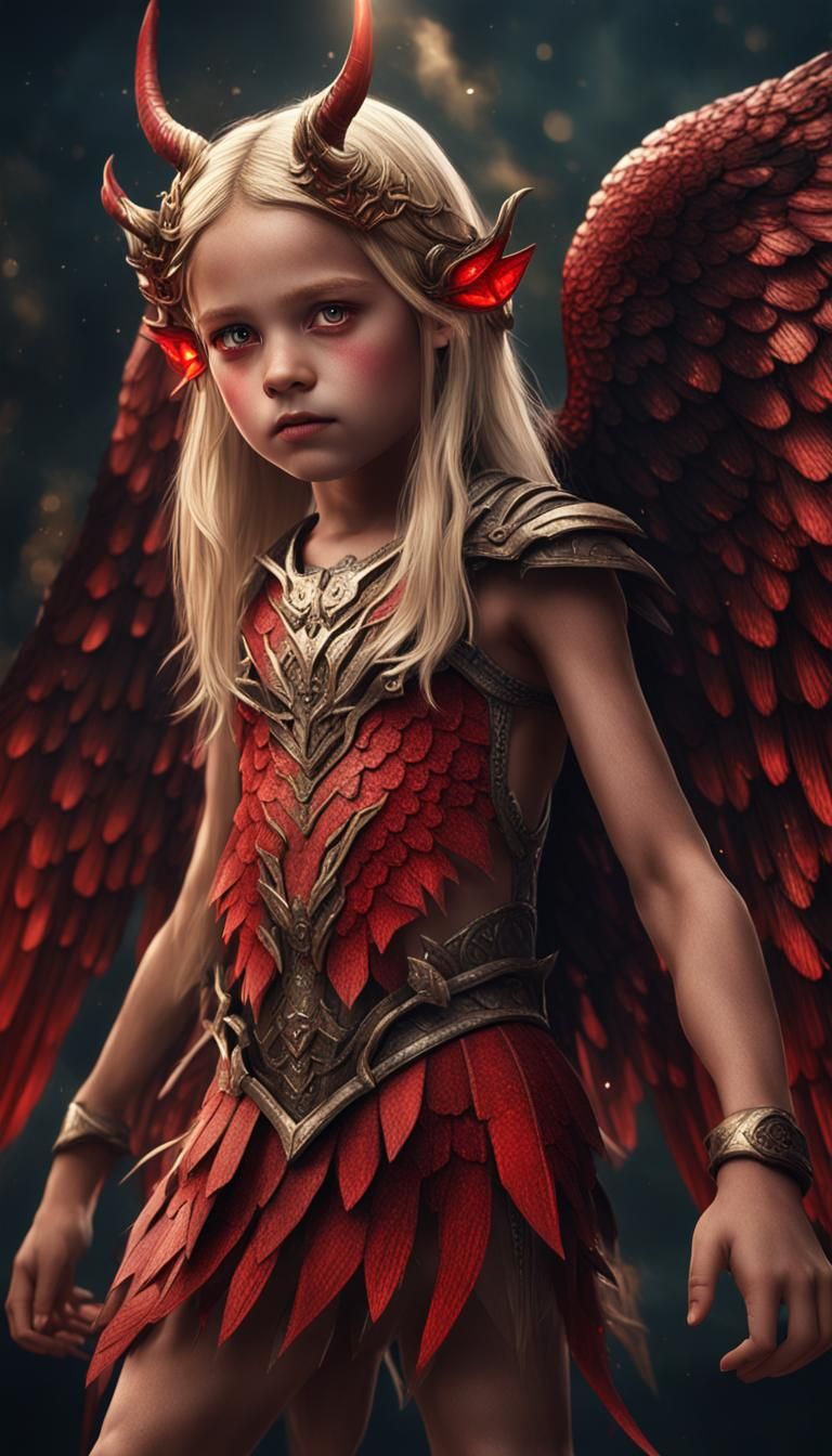 Child Girl with Wings and Horns: Fantasy Art