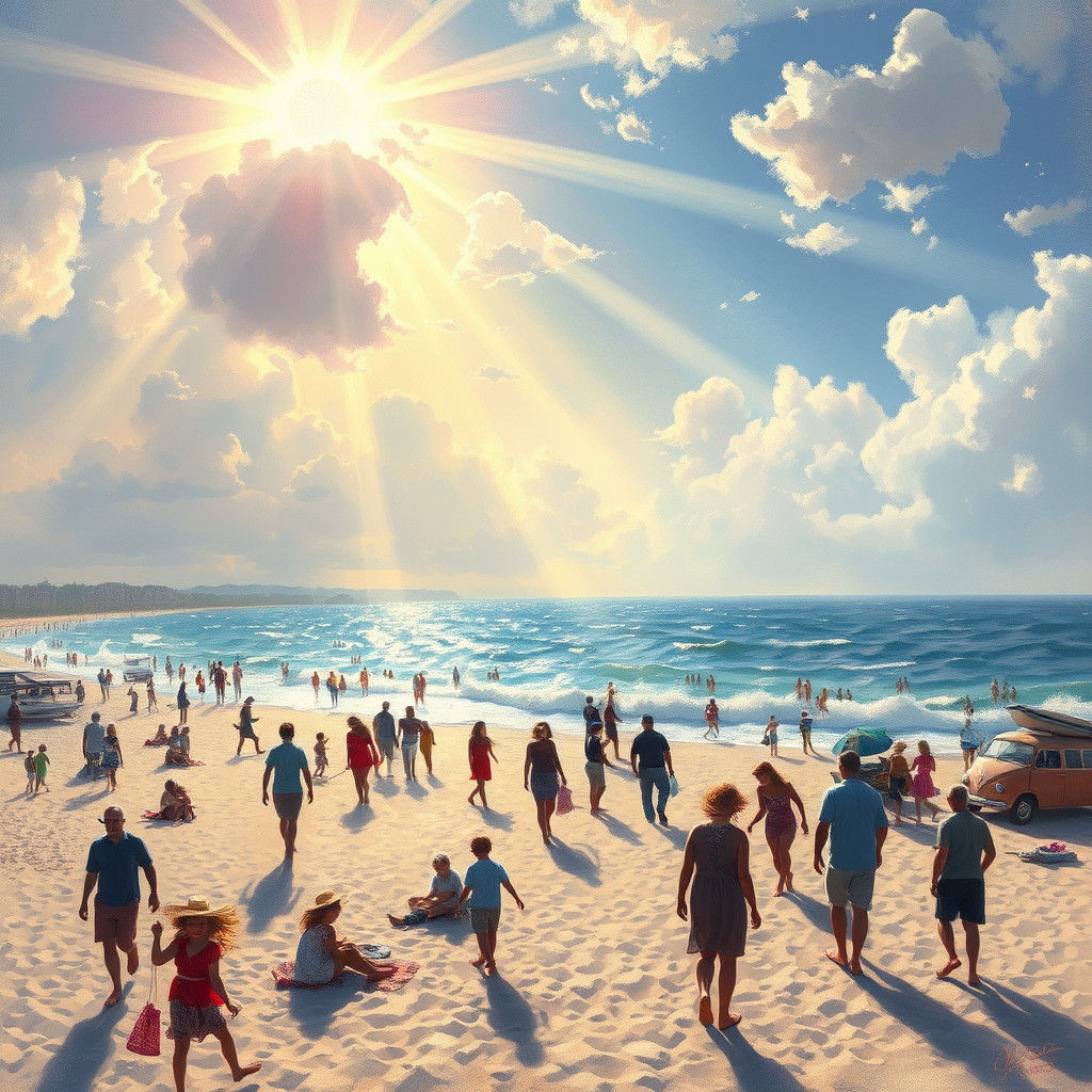 Lively Beach Scene in Impressionistic Style