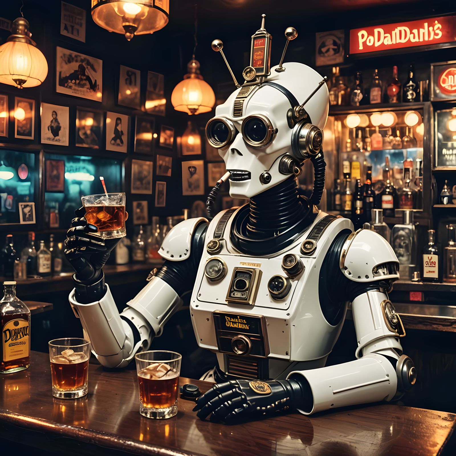 Steampunk Robot Nun in Satanic Bar: Pop Art Polaroid