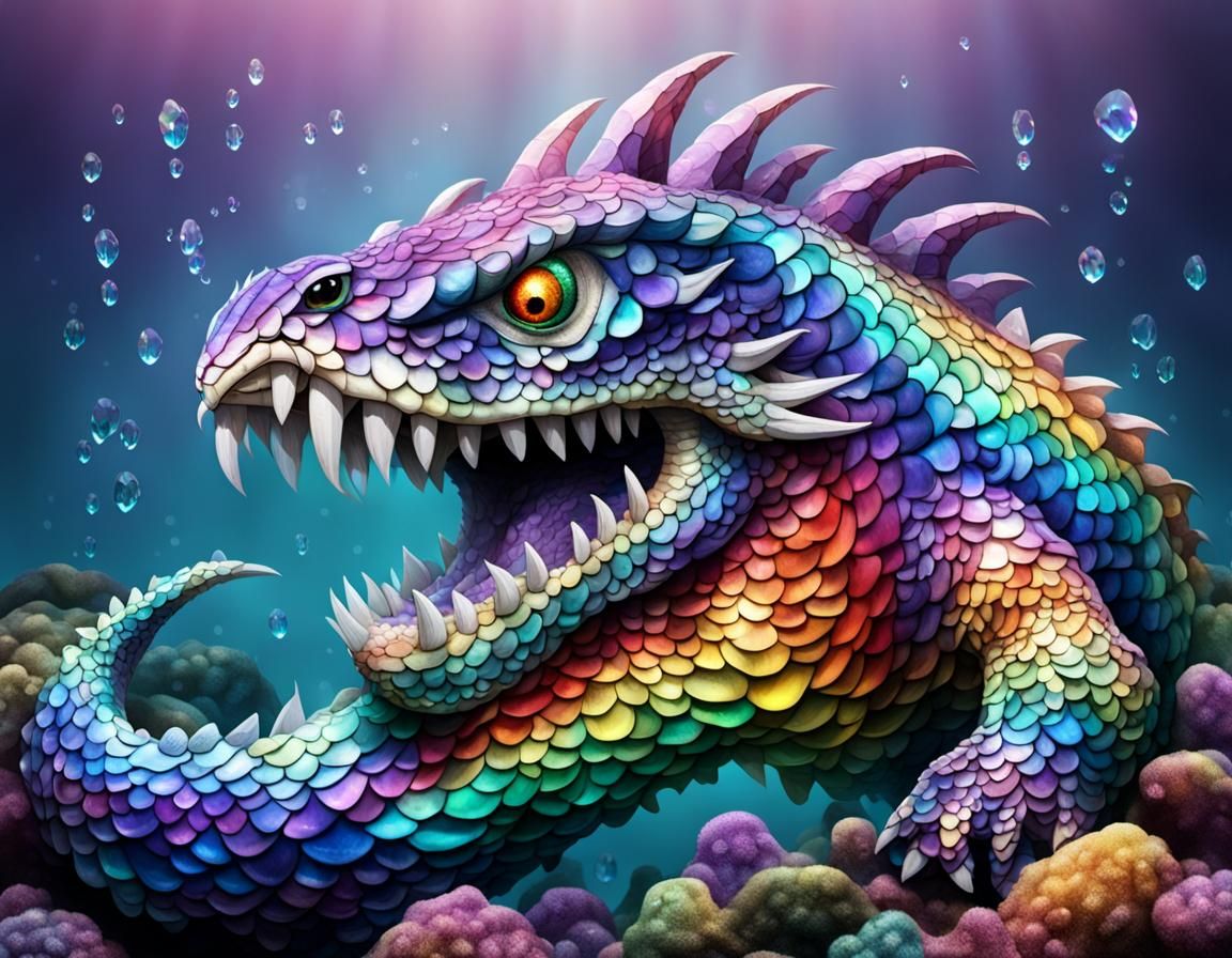 Rainbow Scaled Sea Monster with Crystal Teeth