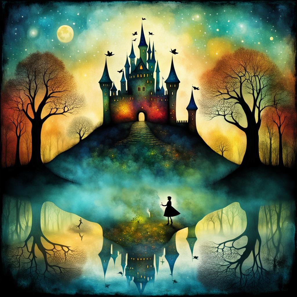 Surreal Castle Dreamscape in Double Exposure Style
