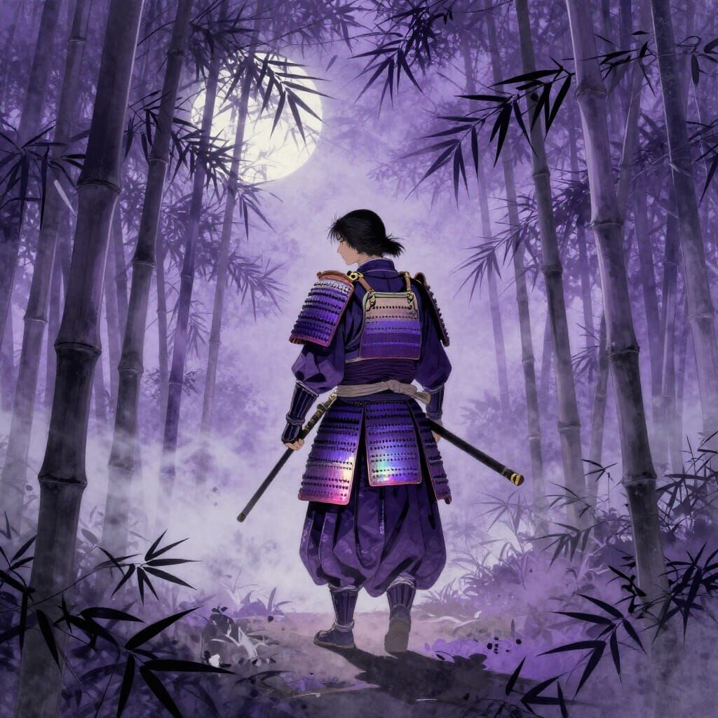 Samurai in Ethereal Violet Bamboo Forest