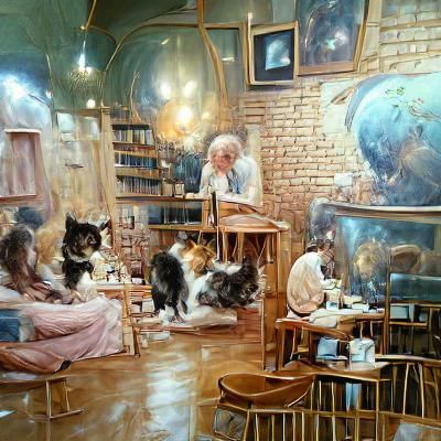 Einstein in a Cat Cafe, Oil Painting