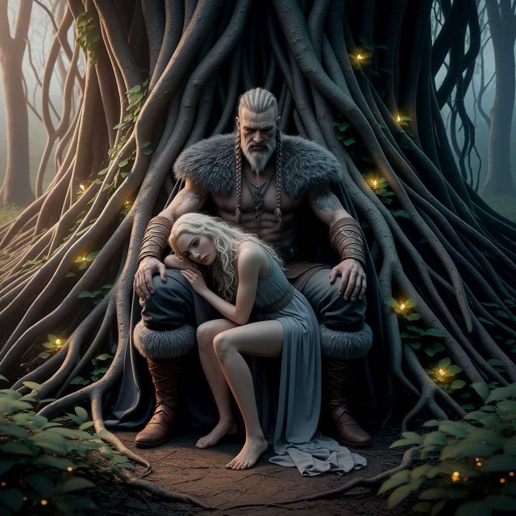 Viking Warrior and Woman in Enchanted Grove