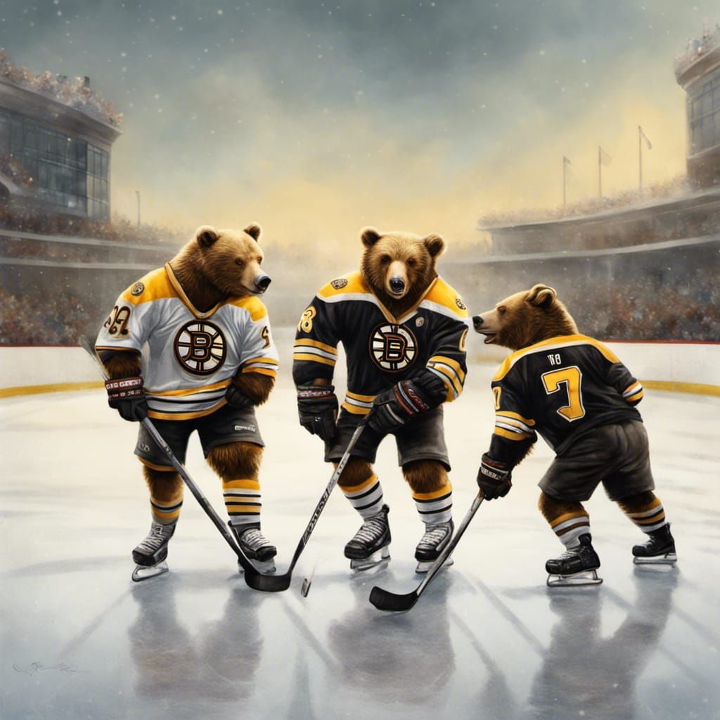 Bears Wearing Bruins Jerseys Play Hockey